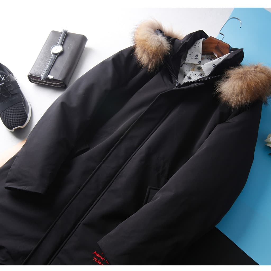 HL36054 série feijão masculino de comprimento médio com capuz gola de pele acolchoada jaqueta inverno grosso bordado eng