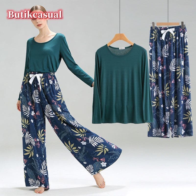 Conjunto De loungewear Macio E Confortável Feminino modal Em Torno Do Pescoço Manga Comprida floral Calças De Pijama De