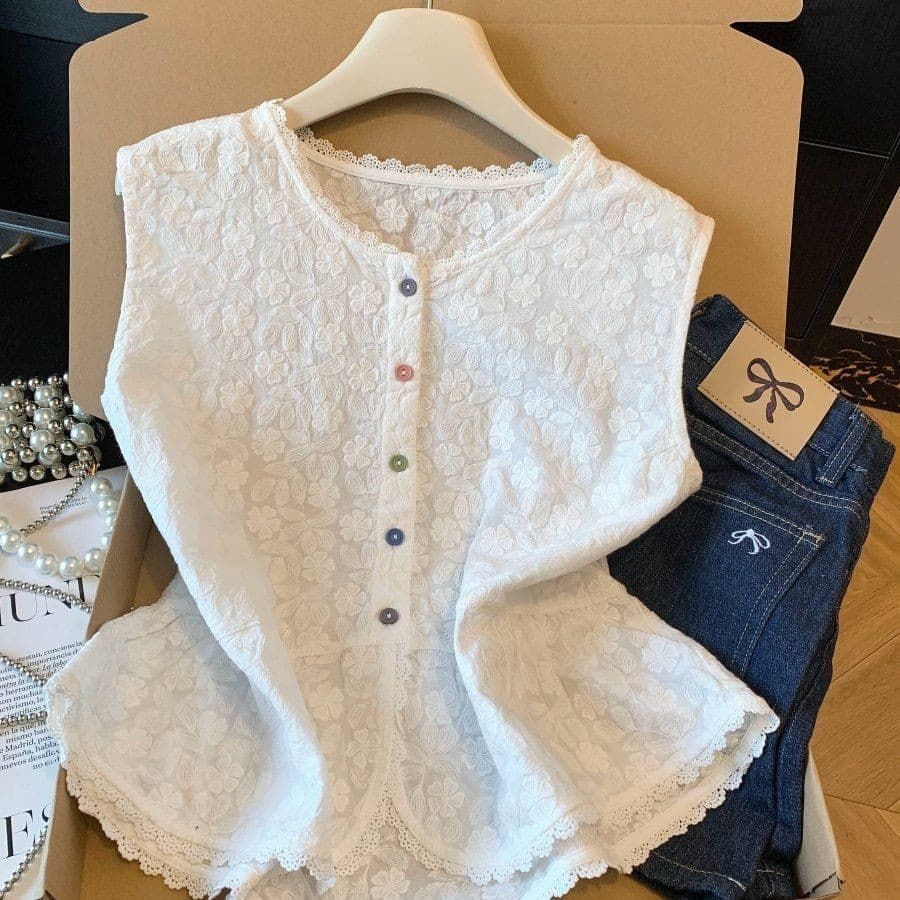 Japonês Mori feminino bordado sem mangas colete camisa feminina verão redução de idade cor botão renda pequena camisa ch
