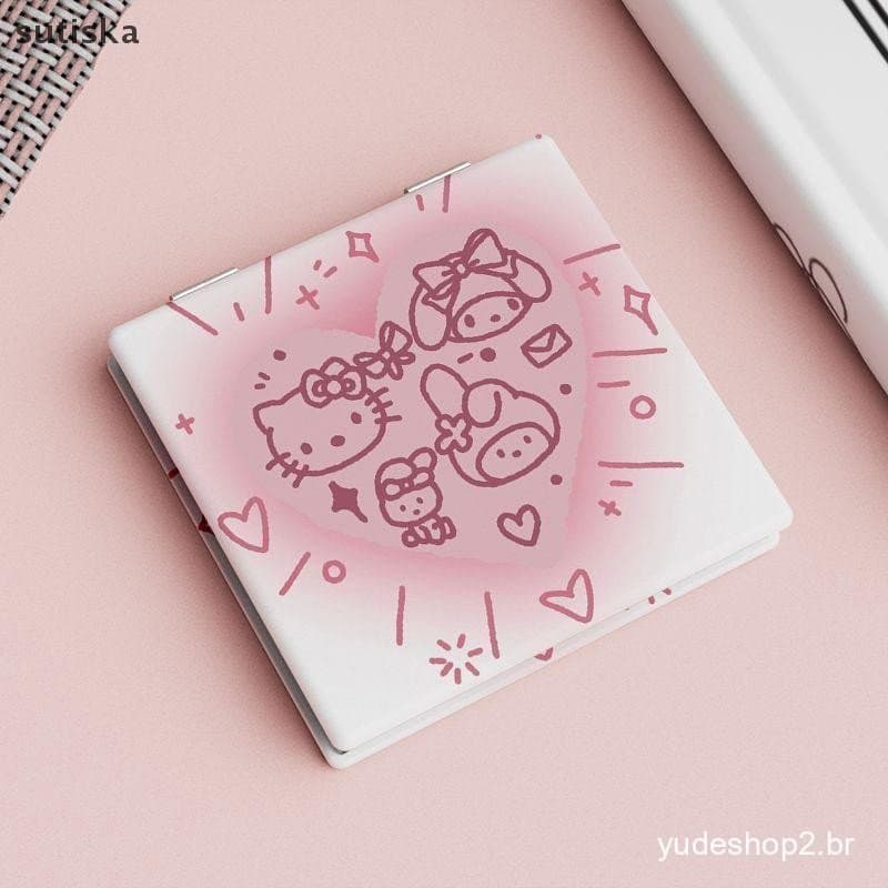 sutiska Hello Kitty Mini Espelho De Maquiagem Portátil Bonito Saniro Kt Gato Dupla Face Dobrável Para Mulheres Meninas P