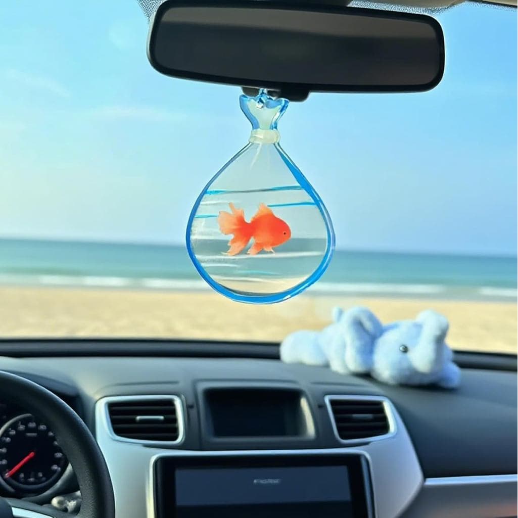 Pingente de Carro Peixinho Dourado em Saco, Adorno Fofo para Pendurar no Carro, Decoração de Verão com Peixe e Praia, Ac