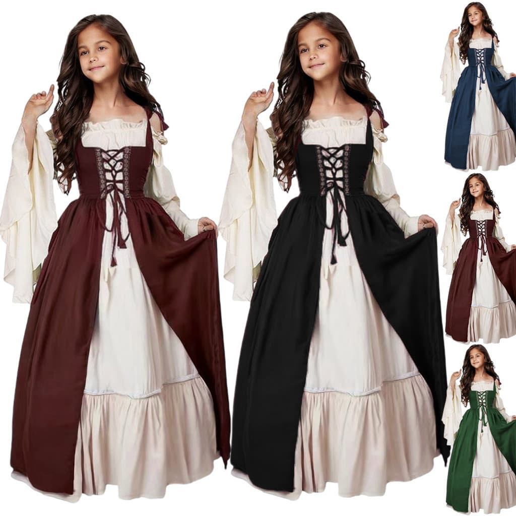2024 Halloween Girl Costume KIDS Square Neck Packed Cintura Idade Média Renaissance Retro Vestido Roupas Infantis