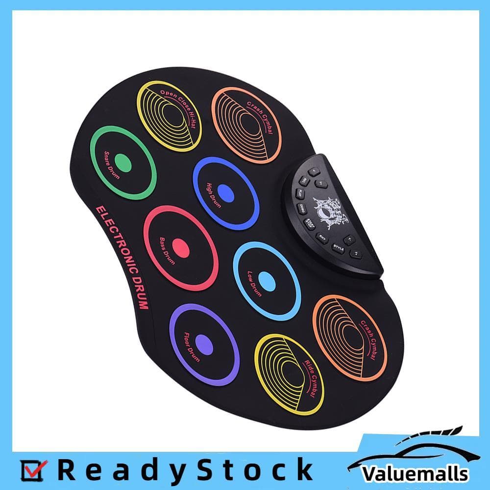 valuemalls-br Conjunto de bateria roll-up de tamanho compacto Kit eletrônico 9 almofadas de silicone USB / bateria