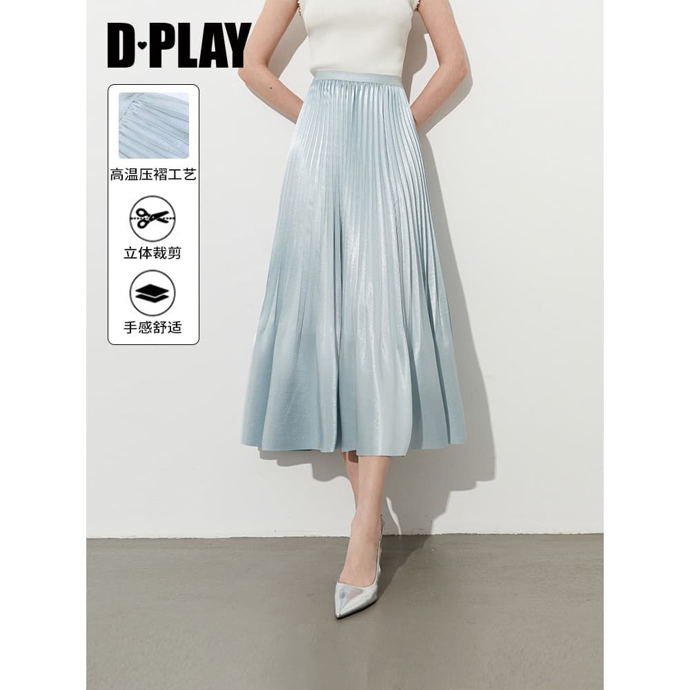 DPLAY novo estilo saia azul feminina cetim francês saia longa saia plissada saia longa 2026 verão