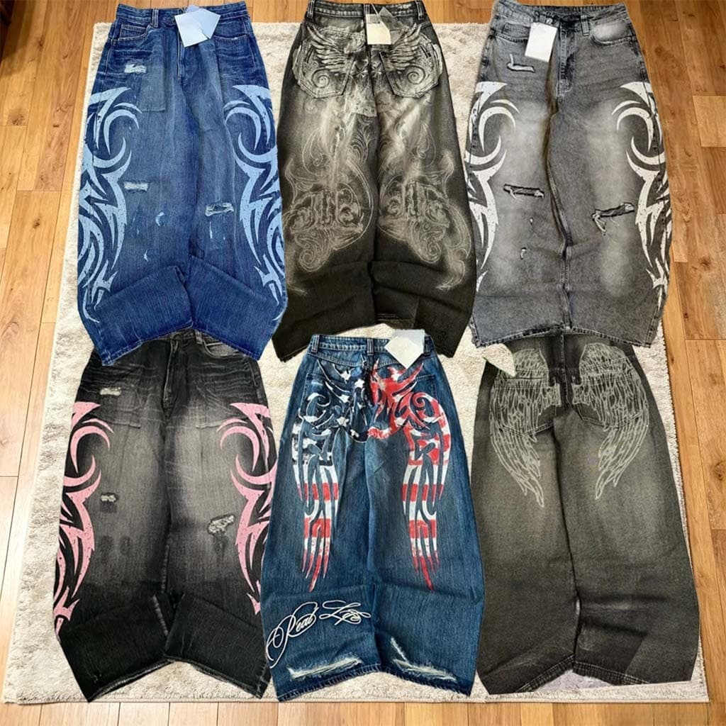 Americano Y2K Mulheres Jeans Hip Hop High Street Vintage Gótico Impressão Moda Casual Casal Calças De Perna Larga Unisex