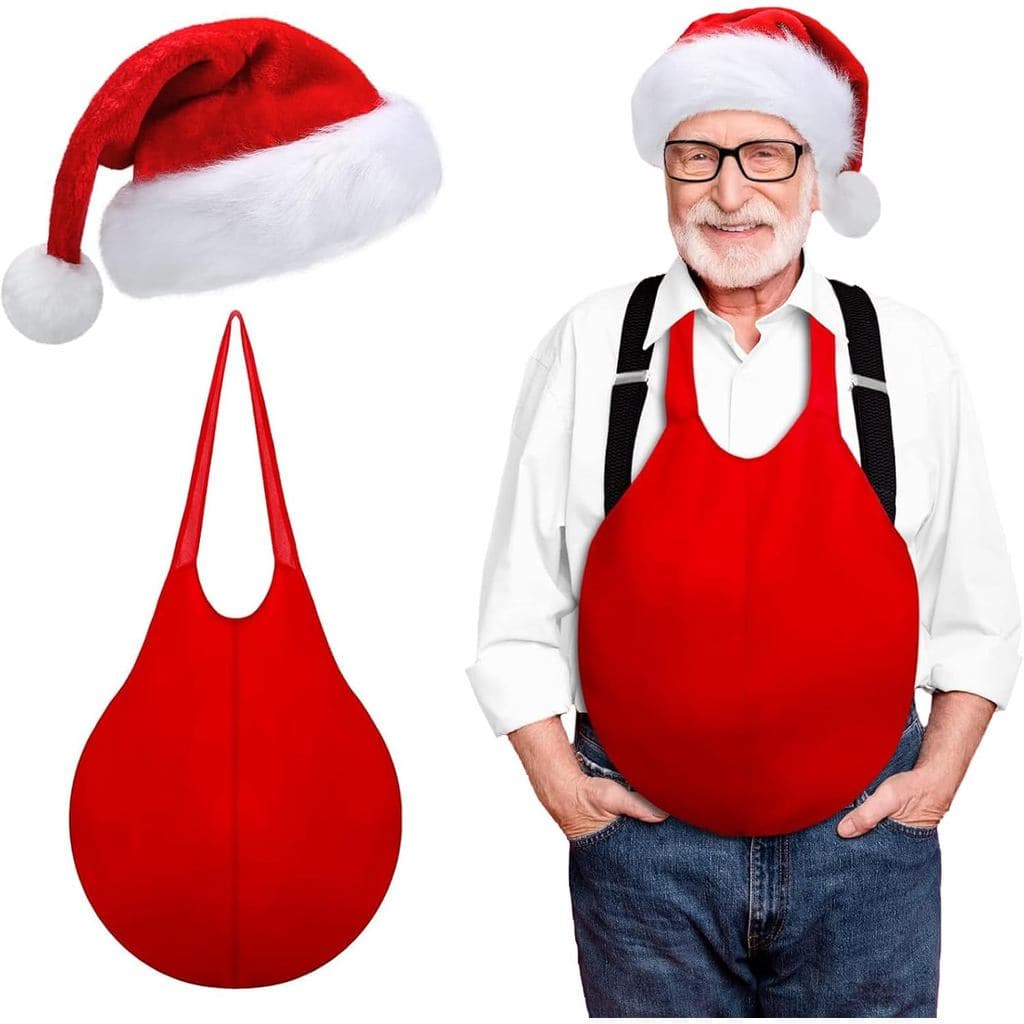 Eurzom 2 Peças Unissex Conjunto de Chapéu de Papai Noel com Barriga Falsa Acolchoada para Adultos, Acessório de Fantasia