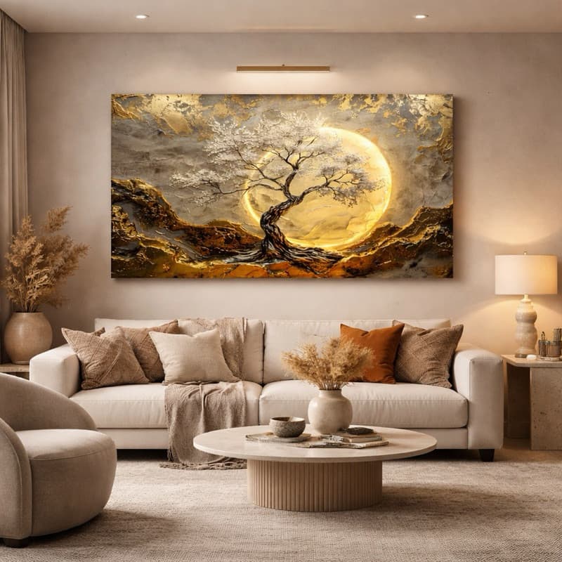 Quadros Decorativos 1 Peça 112X80 Árvore Lua Abstrato Luzes Sala Quarto Moderno