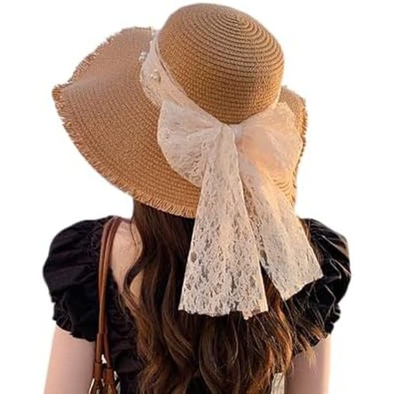 Feminino Dobrável Proteção UV Bowknot Aba Larga Flexível Praia Viseira De Sol Chapéus Respirável Verão Palha Chapéu