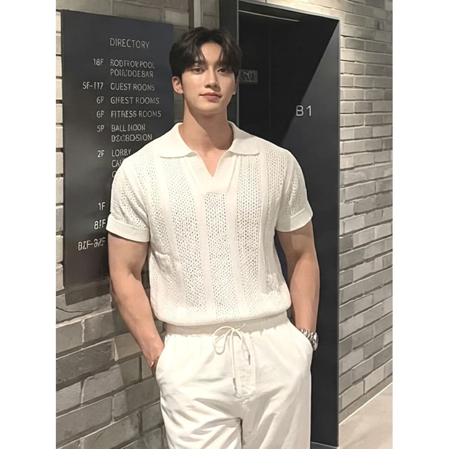 Camisa polo de malha oca estilo coreano masculina gola gaivota Slim fit moletom de manga curta perspectiva de malha empi