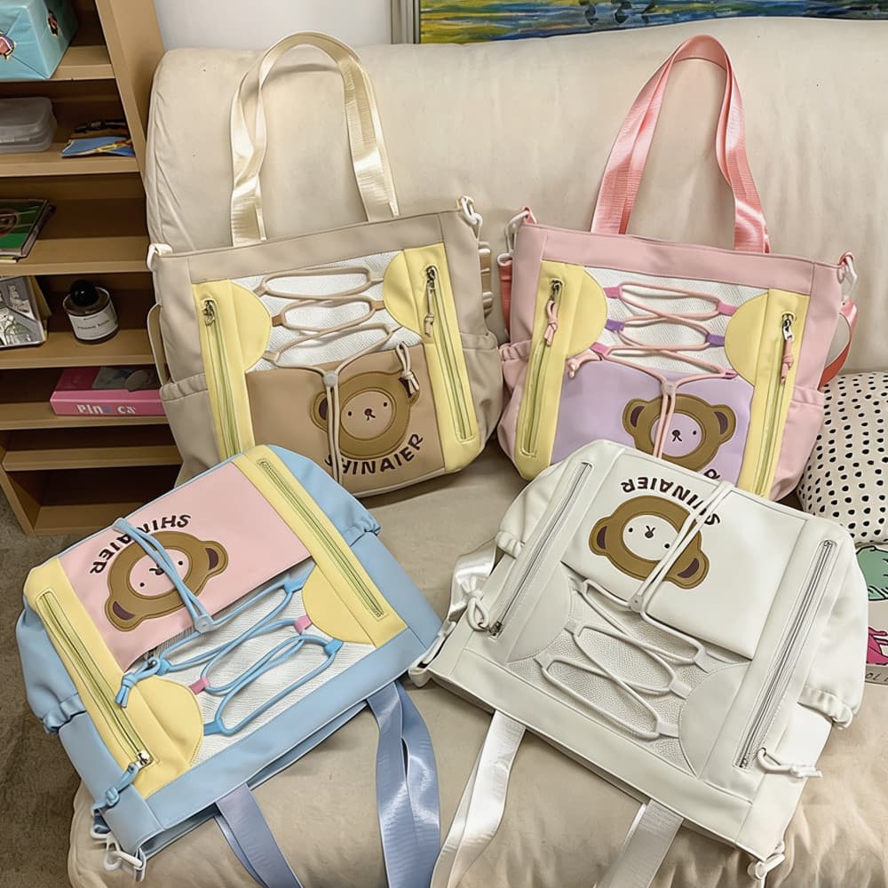 Mochila Feminina Ursinho Fofo Nylon Bolsa Tote Escolar Grande Resistente - 4 Cores