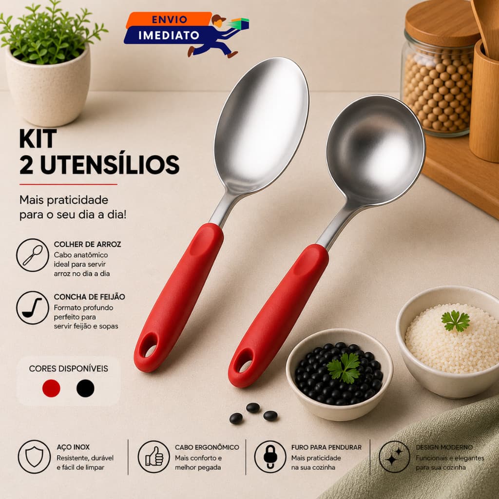 Utensílios Inox Colher Arroz e Concha Feijão Caldo Sopa Cabo Ergonômico