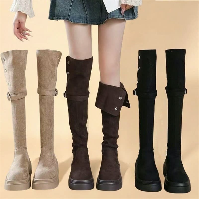 Botas longas de sola grossa dobradas de duas peças femininas 2026 outono inverno novo estilo salto grosso sobre o joelho