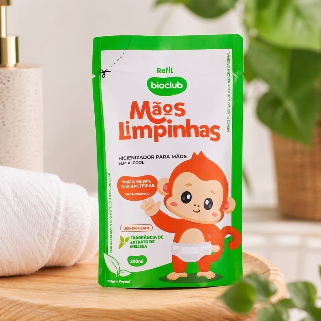 Refil Higienizador de Mãos Infantil Bioclub Mãos Limpinhas 200ml Sem Álcool