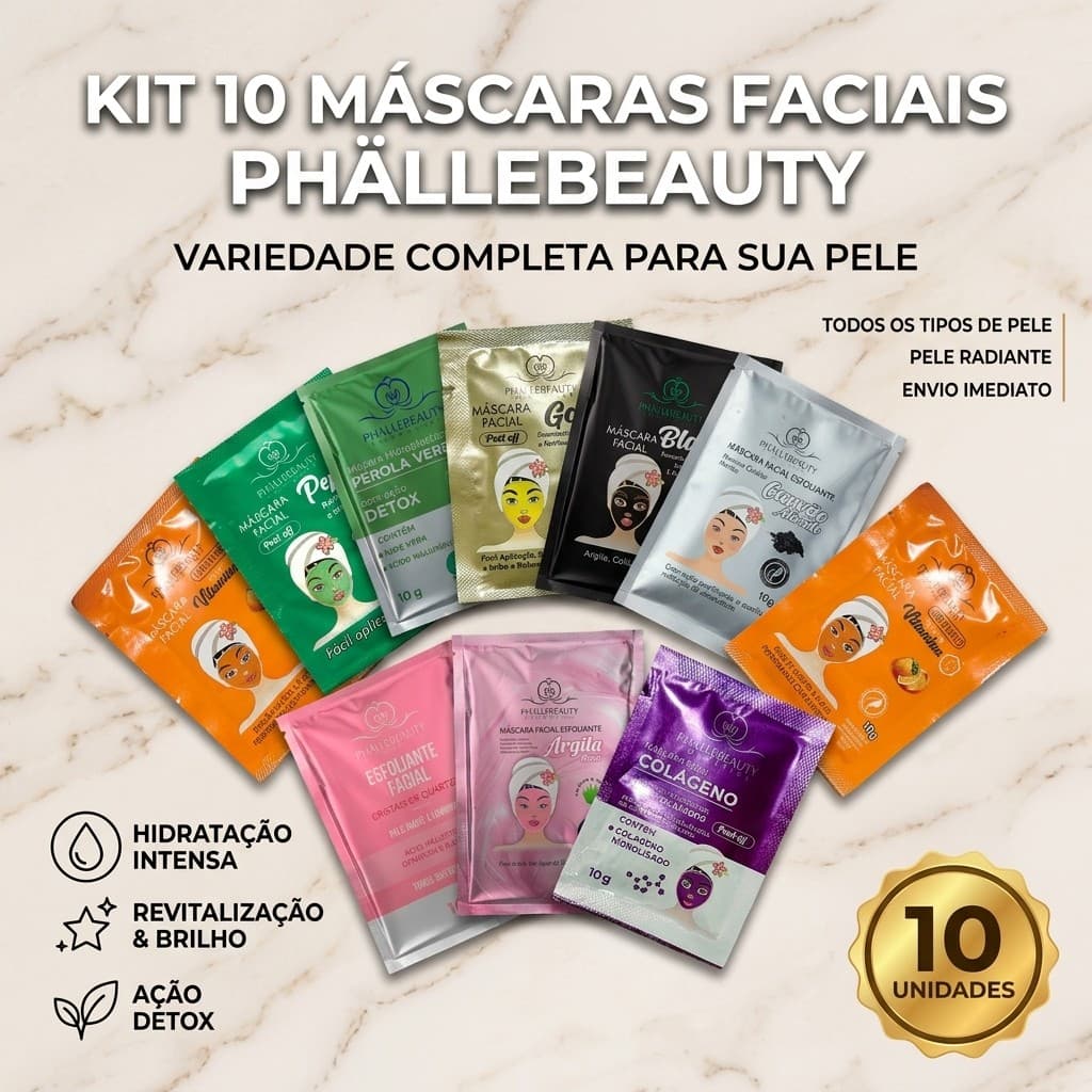 Kit 10 Máscaras Faciais Phállebeauty 10g Peel Off Hidratante Esfoliante 9 Opções
