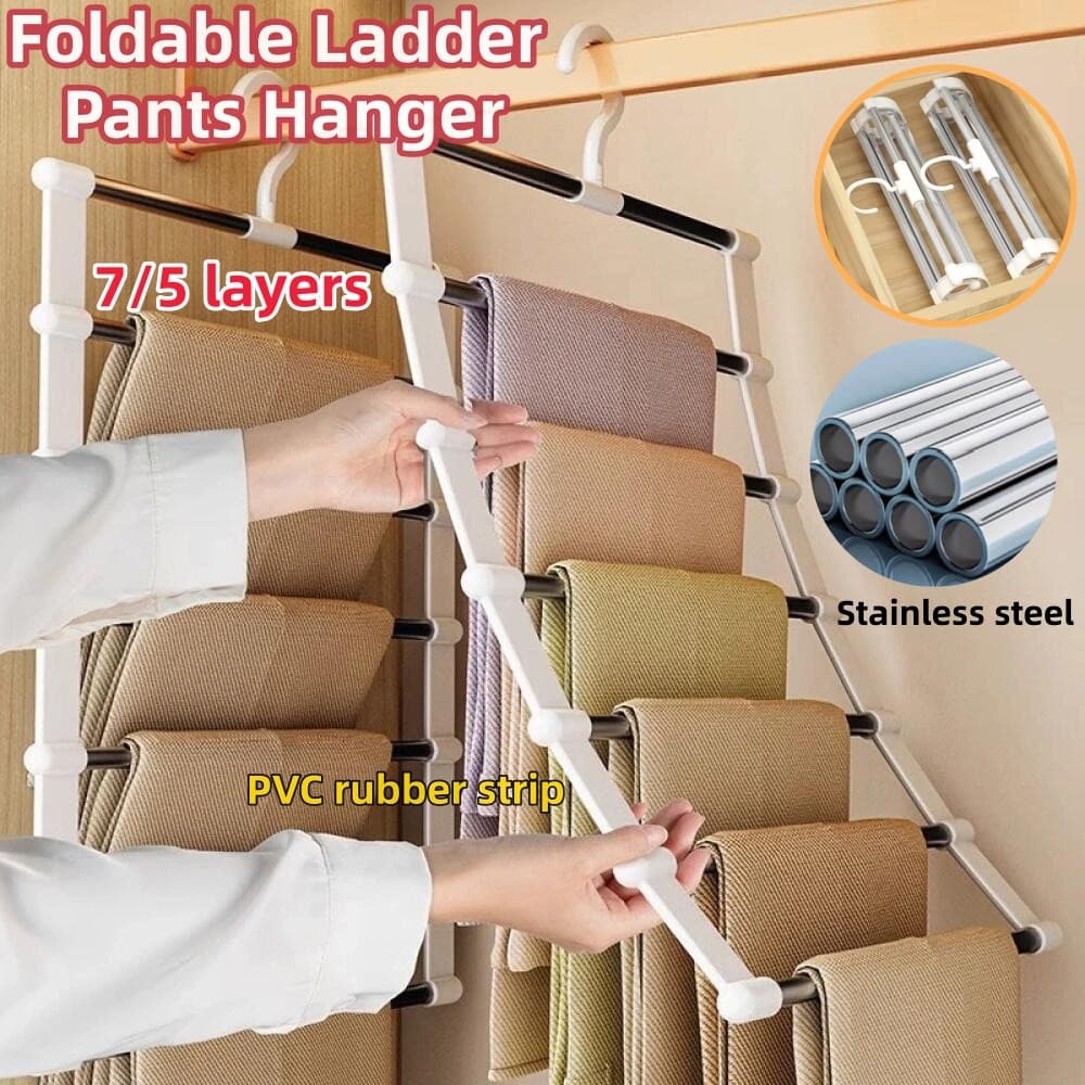 Dobrável 7 Camadas Escada Calças Cabide De Aço Inoxidável Rack Organizador Armário Para Jeans Saias Cachecóis Toalhas An