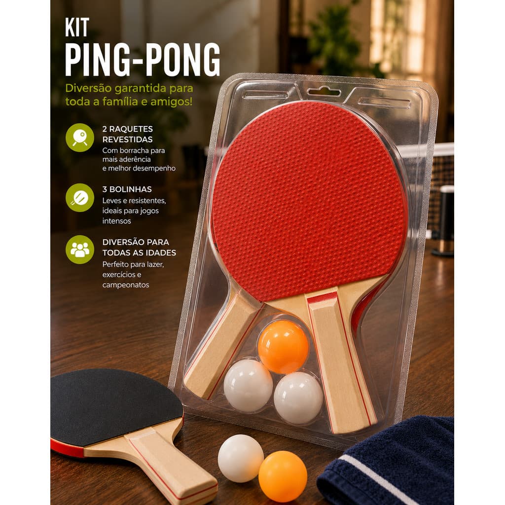 Kit Ping Pong 2 Raquetes + 3 Bolinhas Tênis de Mesa Michelon