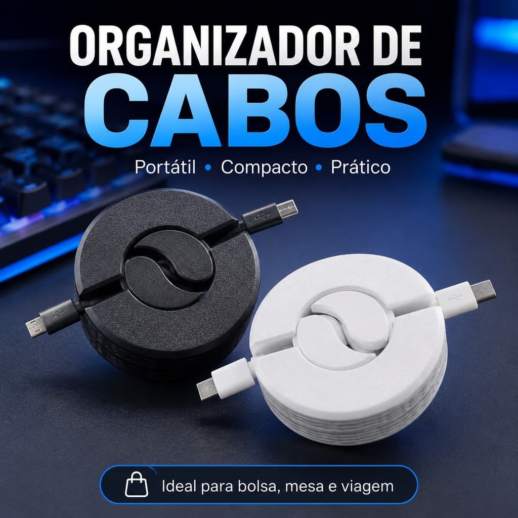 Enrolador de Cabos Ergonômico Portátil | Organizador Compacto para Cabos USB, Tipo-C e Fone | Leve e Prático