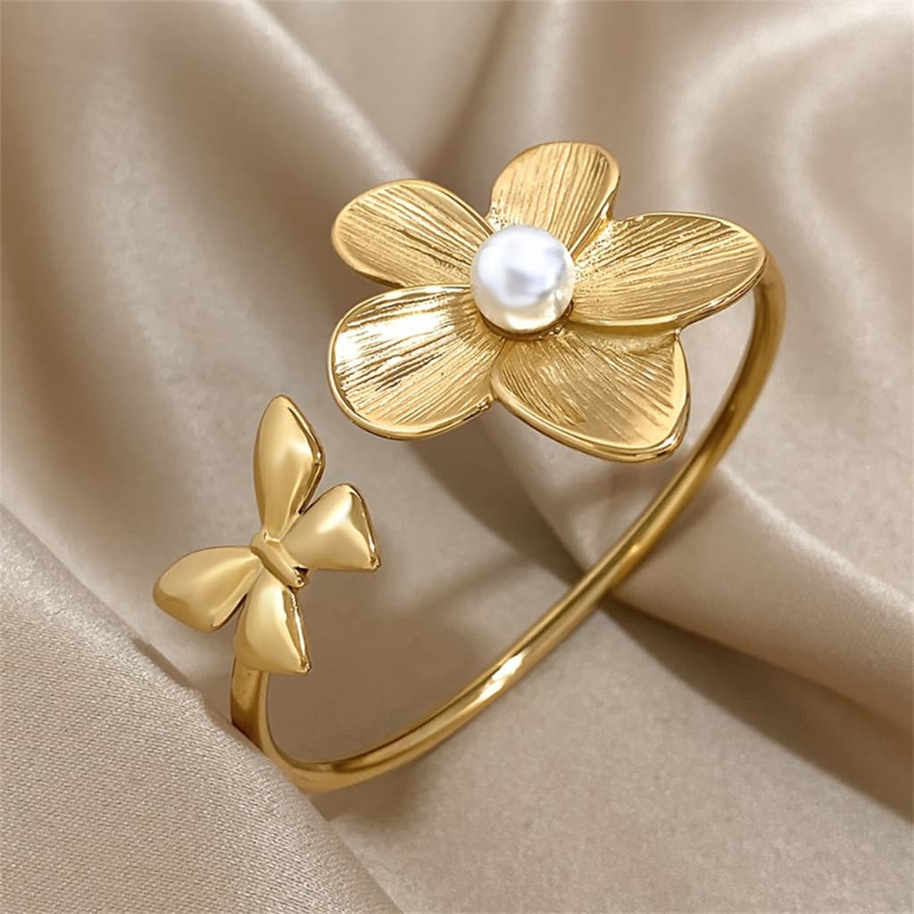 Moda 18K Banhado A Ouro Aço Inoxidável Falso Pérola Flor Bowknot Pulseira Manguito Feminina Jóias Acessórios De Presente