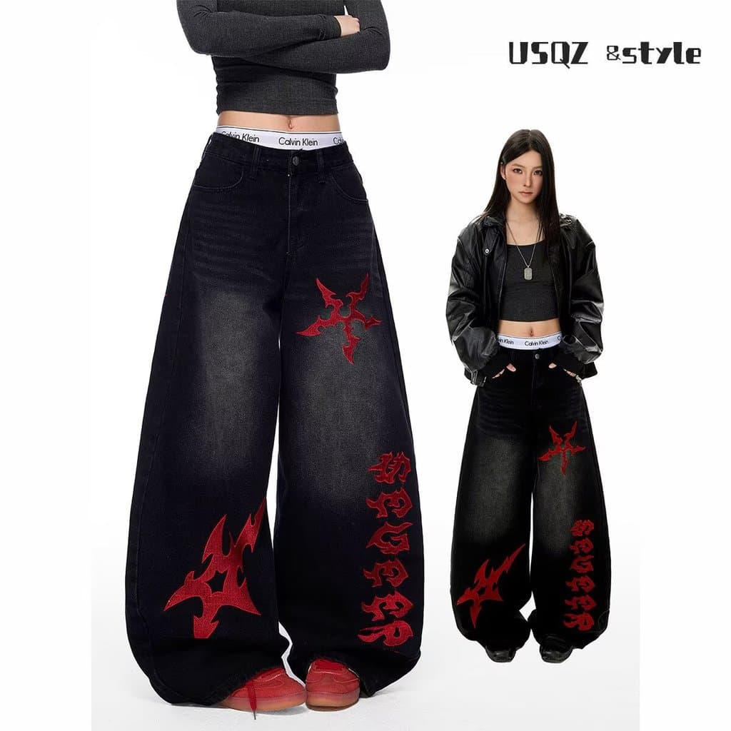 Elegante estilo americano High Street Star Design Jeans feminino solto Casual perna larga All-Match cleanfit calças Mach