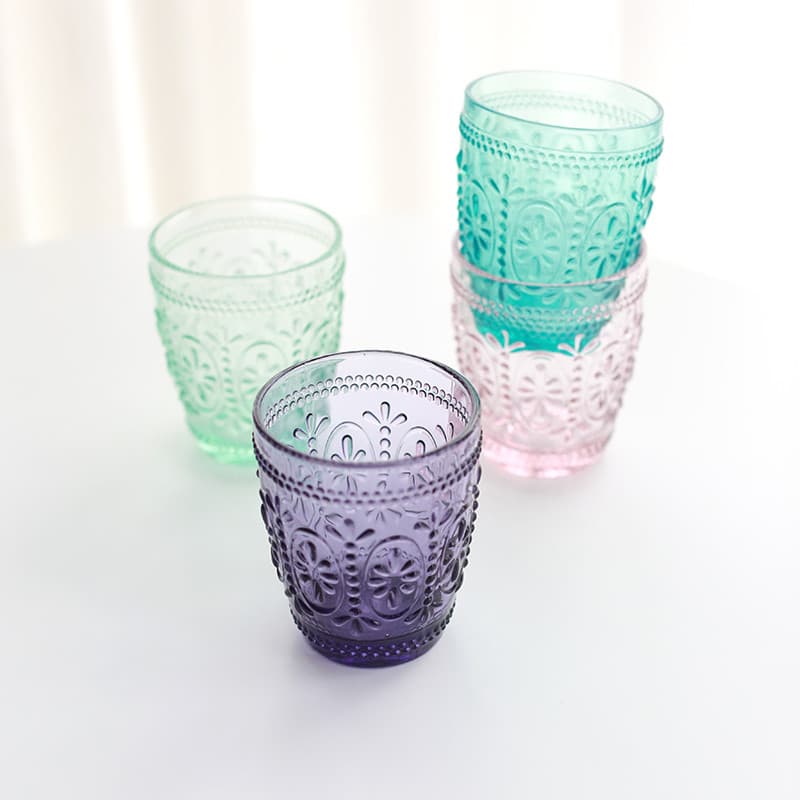 Retro flor em relevo copo de água de vidro multicolorido xícara de chá copo de bebida fria sobremesa copo de suco