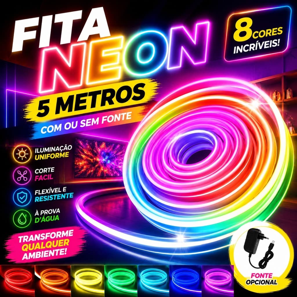 Fita Neon LED Mangueira 5M RGB Flexível Decoração Quarto Sala Gamer Painel TV Teto Luz Neon Colorida