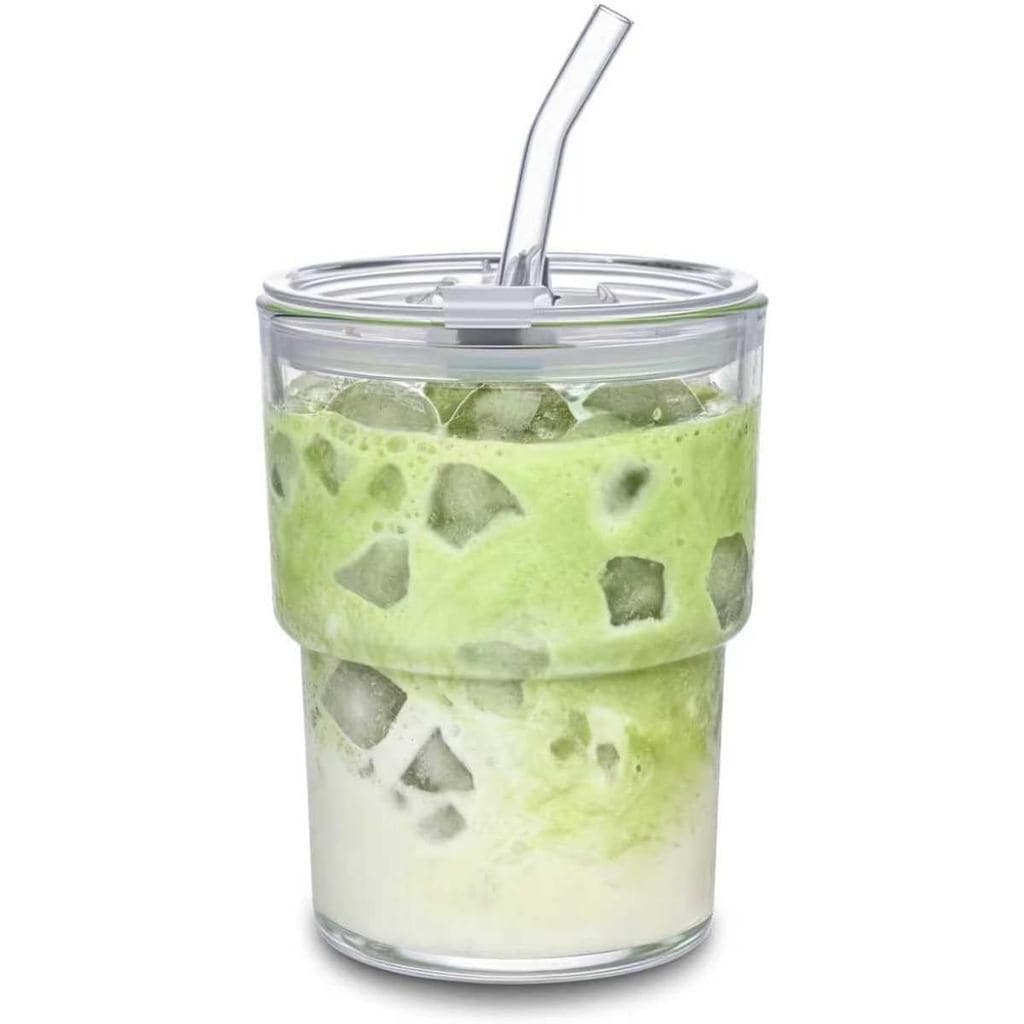 Copo de vidro de 13 onças, equipado com canudo e tampa seladora, reutilizável, adequado para café gelado, copo de café d
