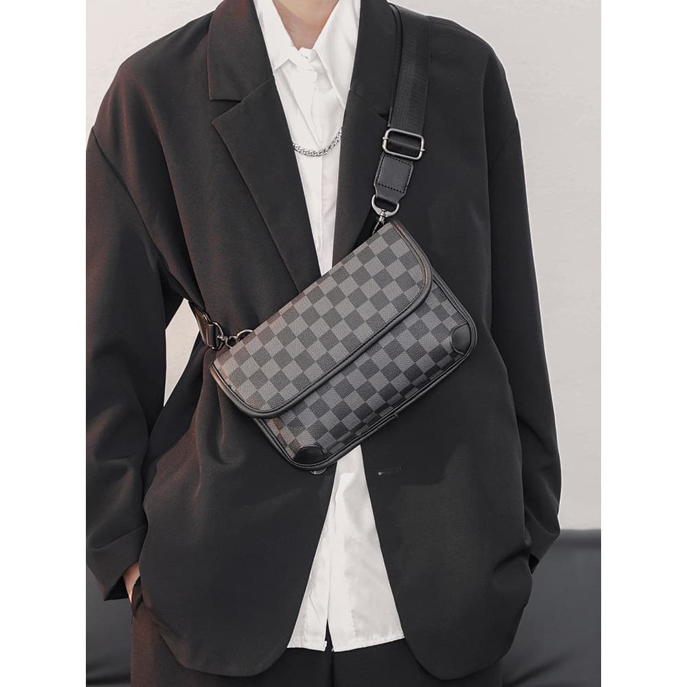 P Xadrez Textura Clássica PU Couro Estilo Horizontal Bolsa de Ombro Juvenil