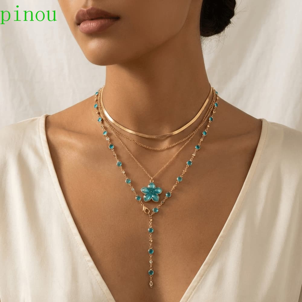 Colar Empilhado De Metal PINOU , Conjunto De Cruzado Em Várias Camadas Com Pingente De Flor , Pescoço De Liga Colorida