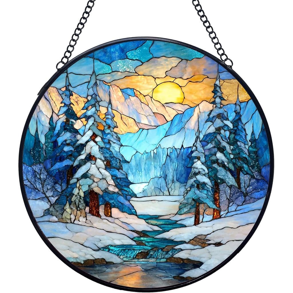 Winter Christmas Stained Glass Window Hanging Suncatchers, Winter Mountain Landscape Sun Catchers Indoor Window Glass Wa