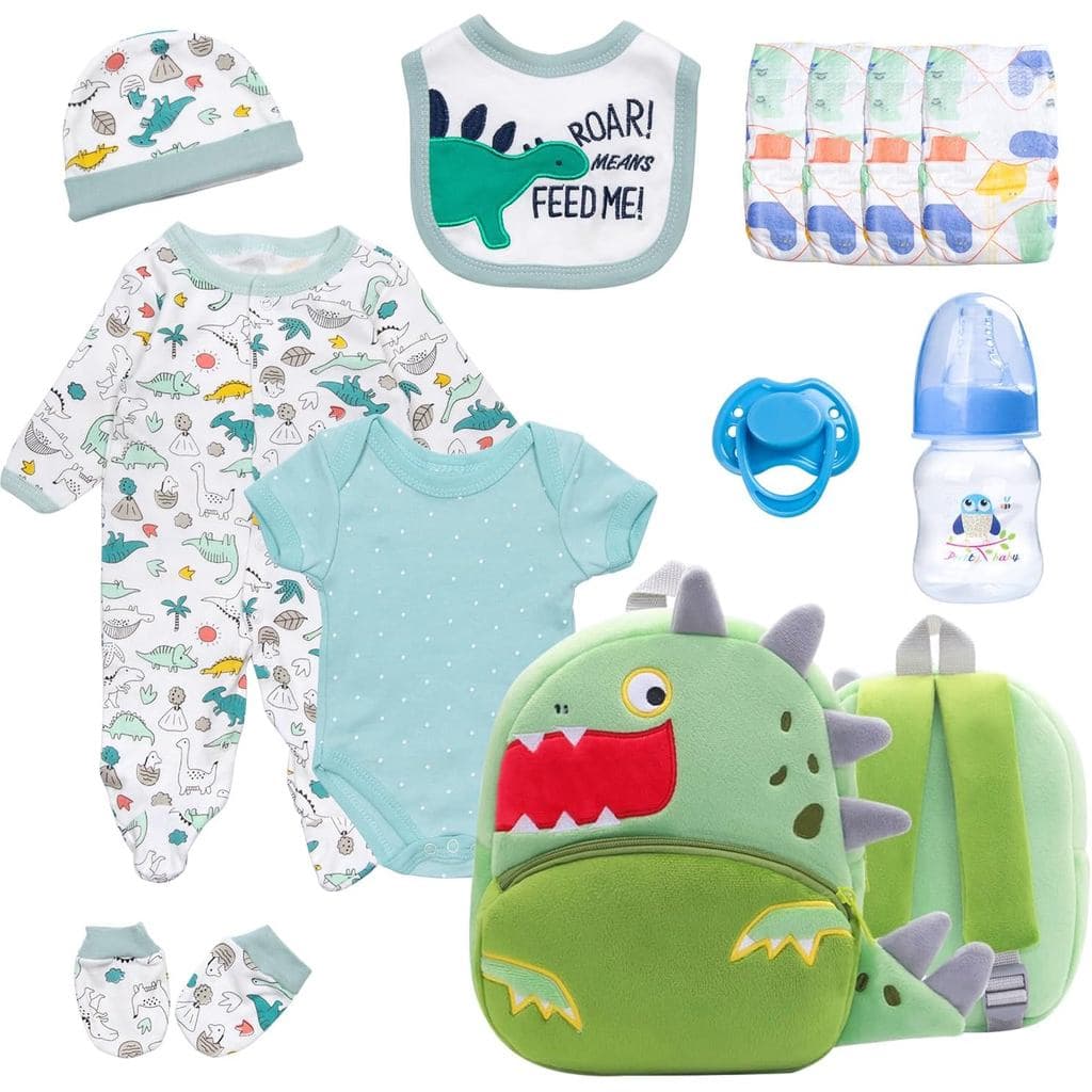 Acessórios de Roupa para Bonecas Reborn de 18-20 Polegadas com Mochila Grande de Dinossauro, Conjunto de 12 Peças para M