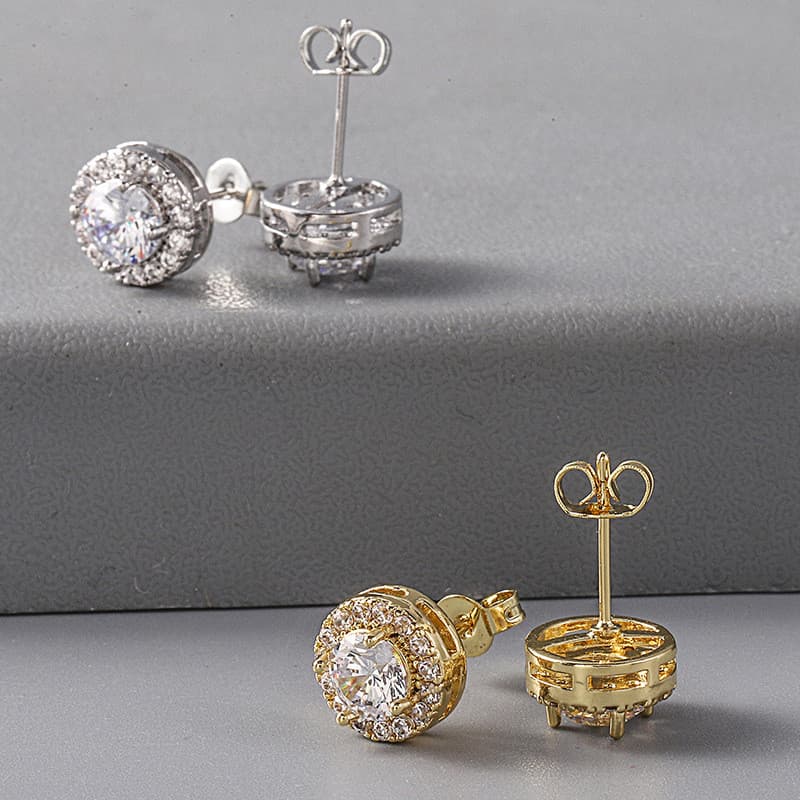 Brincos redondos europeus e americanos com zircônia completa em ouro e prata 18K, unissex, brincos de alta qualidade e e