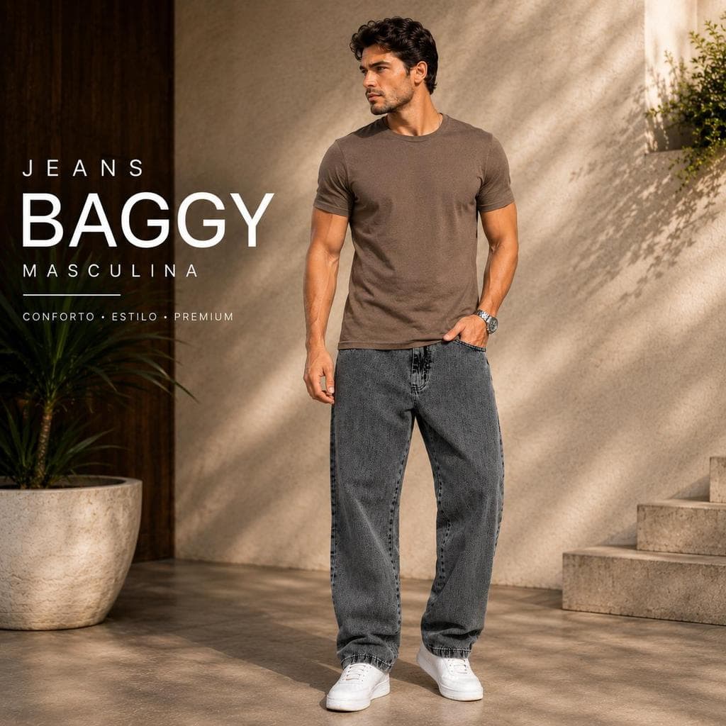 Calça Jeans Baggy Masculina Cinza Marmorizada Premium Streetwear Oversized 100% Jeans Dia a dia