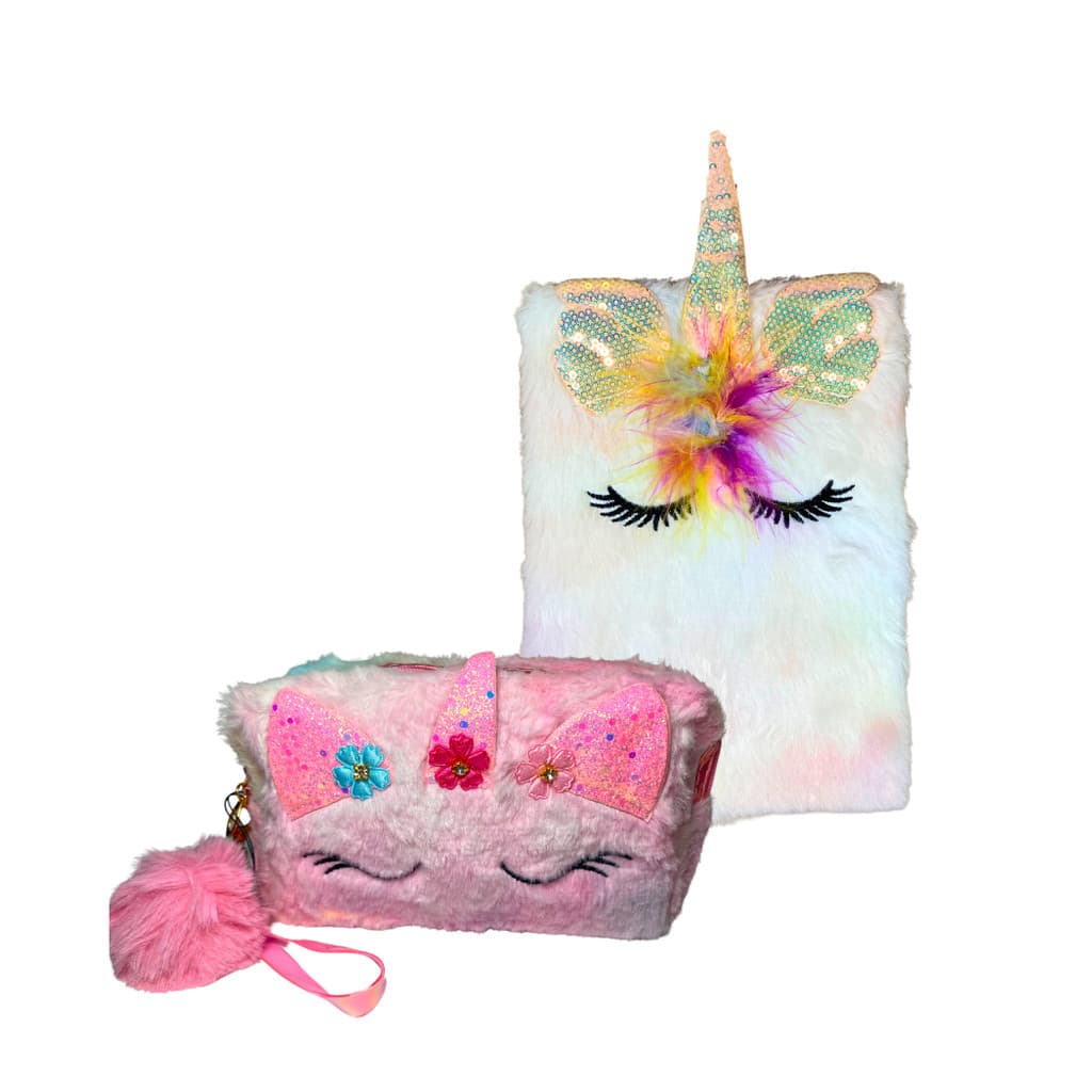 Kit Necessaire Bolsa estojo Pelúcia e Caderno unicórnio Fofo