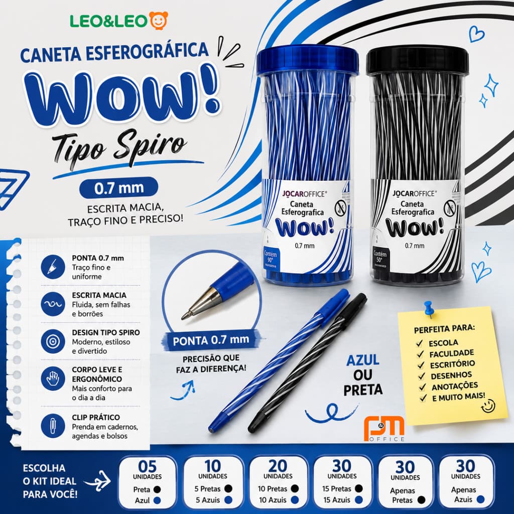 Caneta Esferográfica Wow Fun  0.7mm Tipo Spiro | Escrita Macia | Azul ou Preta | Leo&Leo