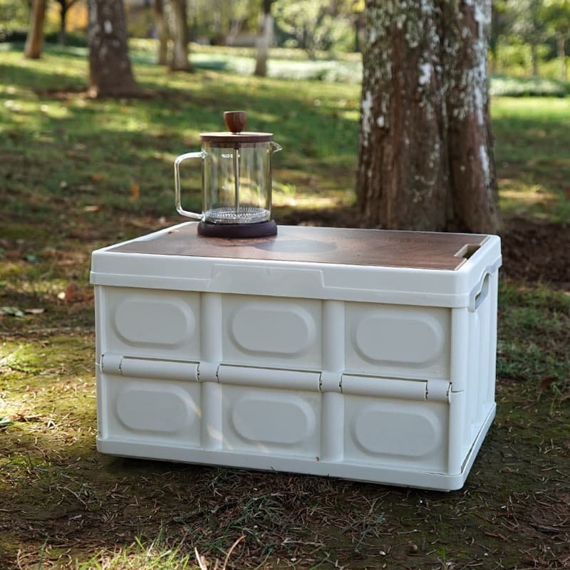Caixa de armazenamento dobrável para acampamento ao ar livre, acampamento, porta-malas, capa de madeira, grande capacida