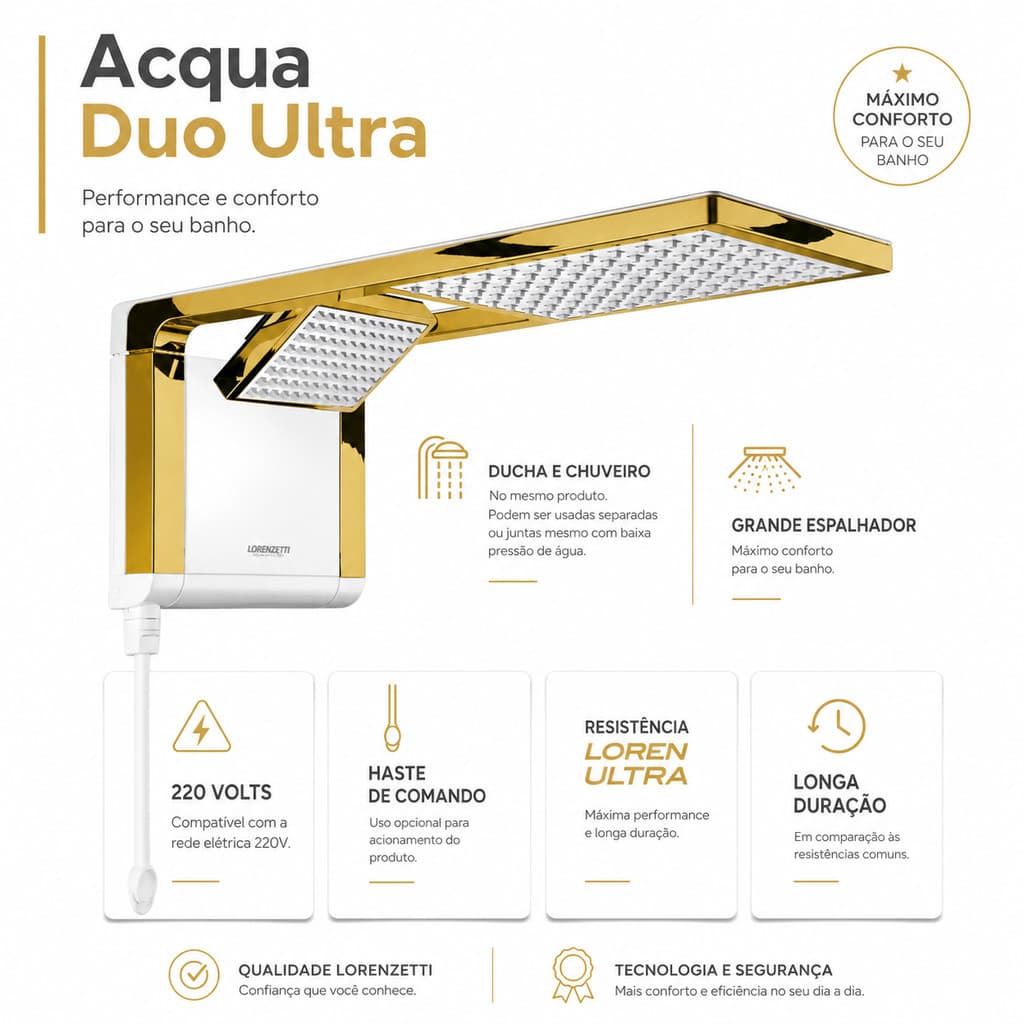 Ducha Chuveiro Lorenzetti Acqua Duo Ultra Gold Branco Com Dourado