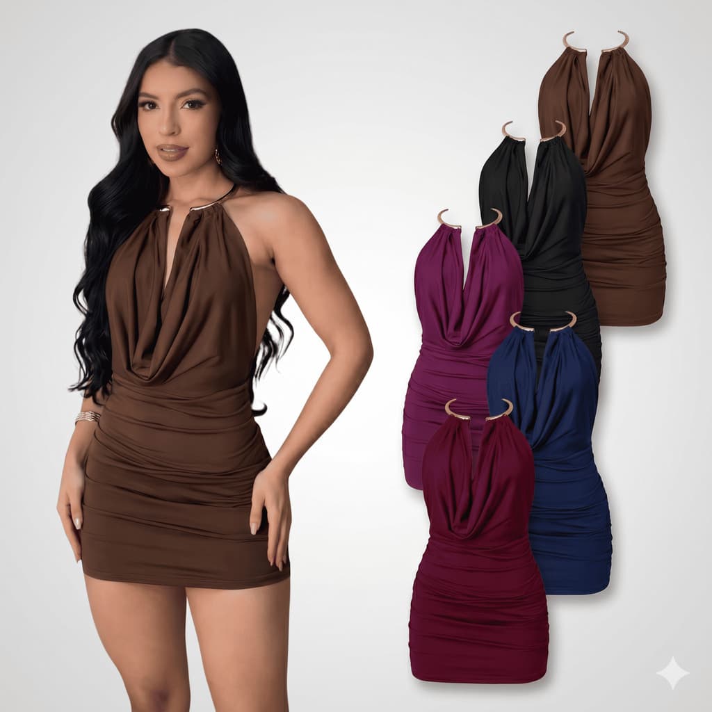 Vestido Feminino Curto Decote Profundo Malha Premium Argola no  Pescoço Halter Neck Tendência Colar
