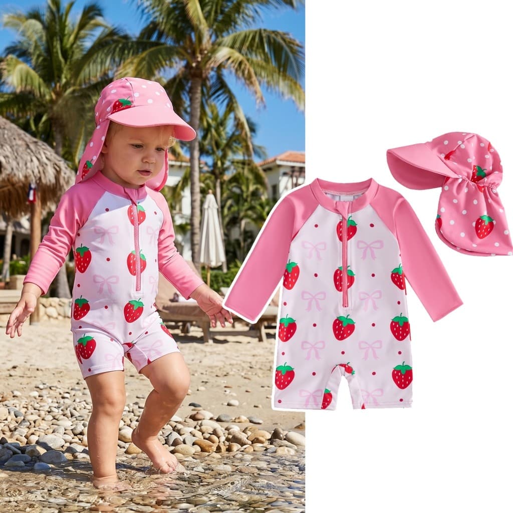 [helali] Maiô De Morango Para Bebês Meninas De 6 Meses A 4 Anos Com Chapéu De Sol Estilo Doce Manga Comprida Proteção Co