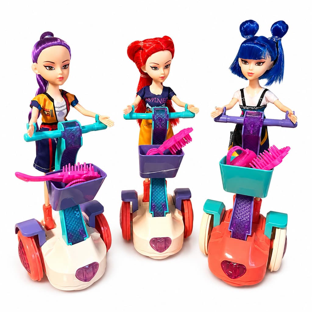 k pop Huntrix musical Mira com patinete elétrico e luzes.