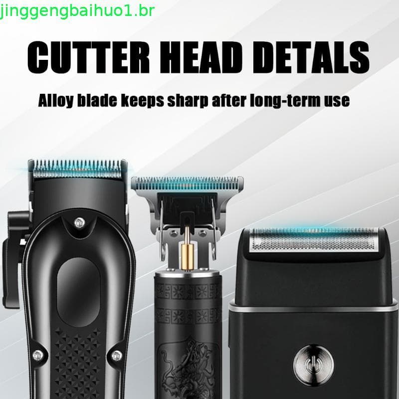 Conjunto Profissional de 3 Peças sem Fio para Homens, Kit de Aparador de Cabelo com Barbeador de Folha, Carregamento
