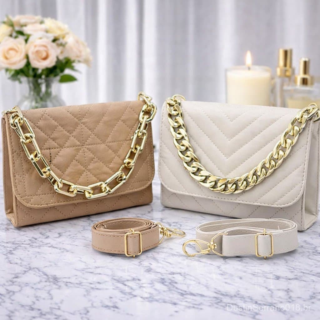Kit 2 Bolsas Transversais Femininas |     Luxo com Corrente Dourada + Alça Ajustável