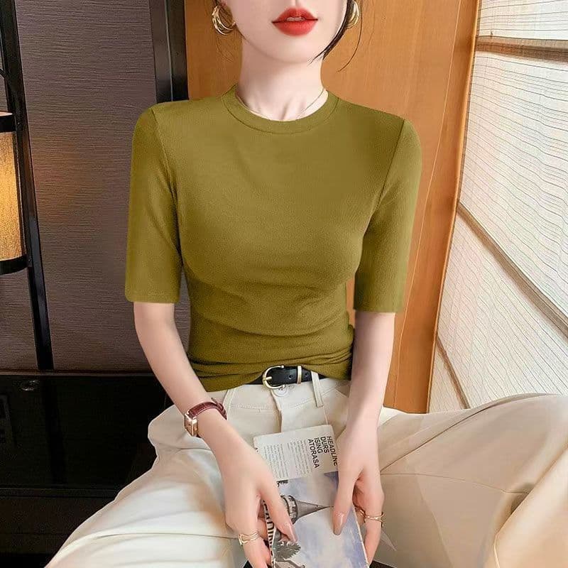 Modal primavera verão outono versão coreana cor sólida moda feminina em torno do pescoço camisa de fundo de manga média
