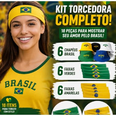 Kit Torcedora Copa do mundo Brasil 6 Faixas Verdes 6 Faixas Amarelas 6 Chapéus