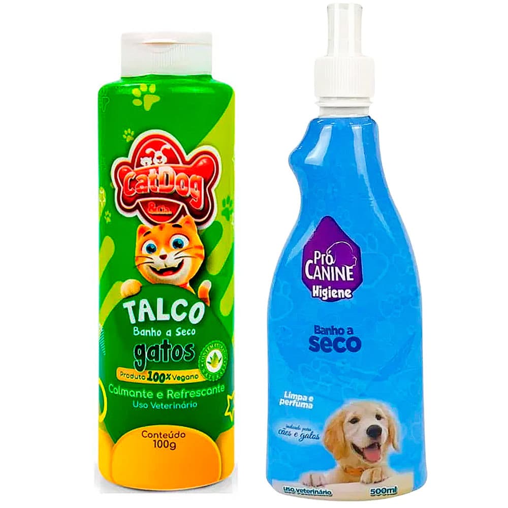 Kit Banho a Seco Procanine 500ml + Talco Banho a Seco CatDog 100g