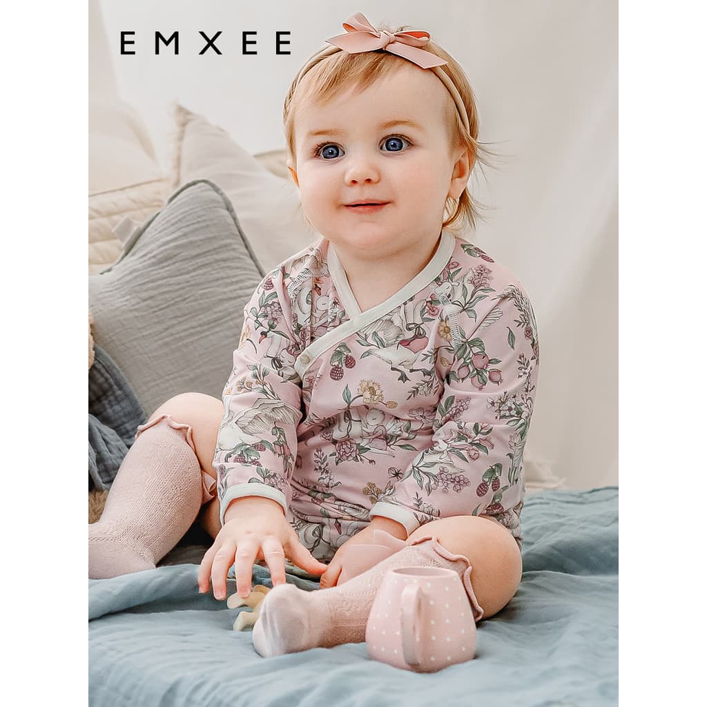 [Artist Co-Branded] Manxi Baby Onesie Vermelho Camélia Seda Algodão Macacão para Bebê Recém-nascido