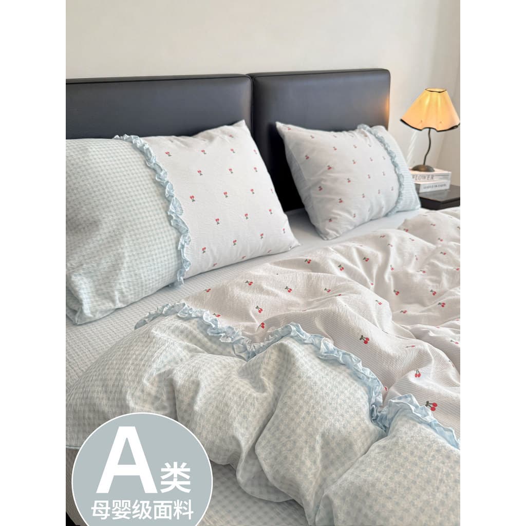 2026 Novo estilo de cama conjunto de quatro peças puro algodão algodão dupla camada gaze lençol colcha capa dormitório e