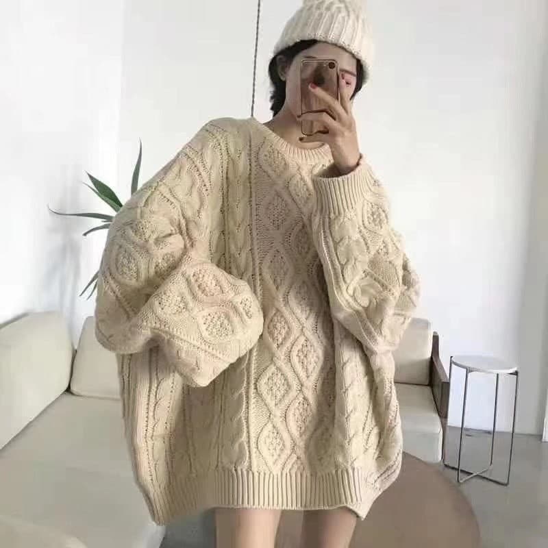 Irmã gorda Plus Size inverno versão coreana comprimento médio losango torção camisola estilo preguiçoso solto mais magro