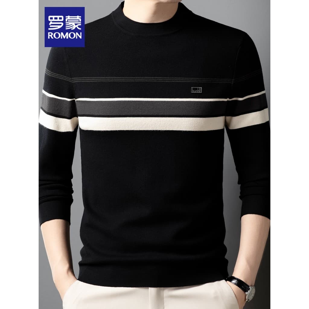 Romon malhas masculinas 2026 primavera novo estilo Casual contraste cor listrado pulôver em torno do pescoço tamanho gra