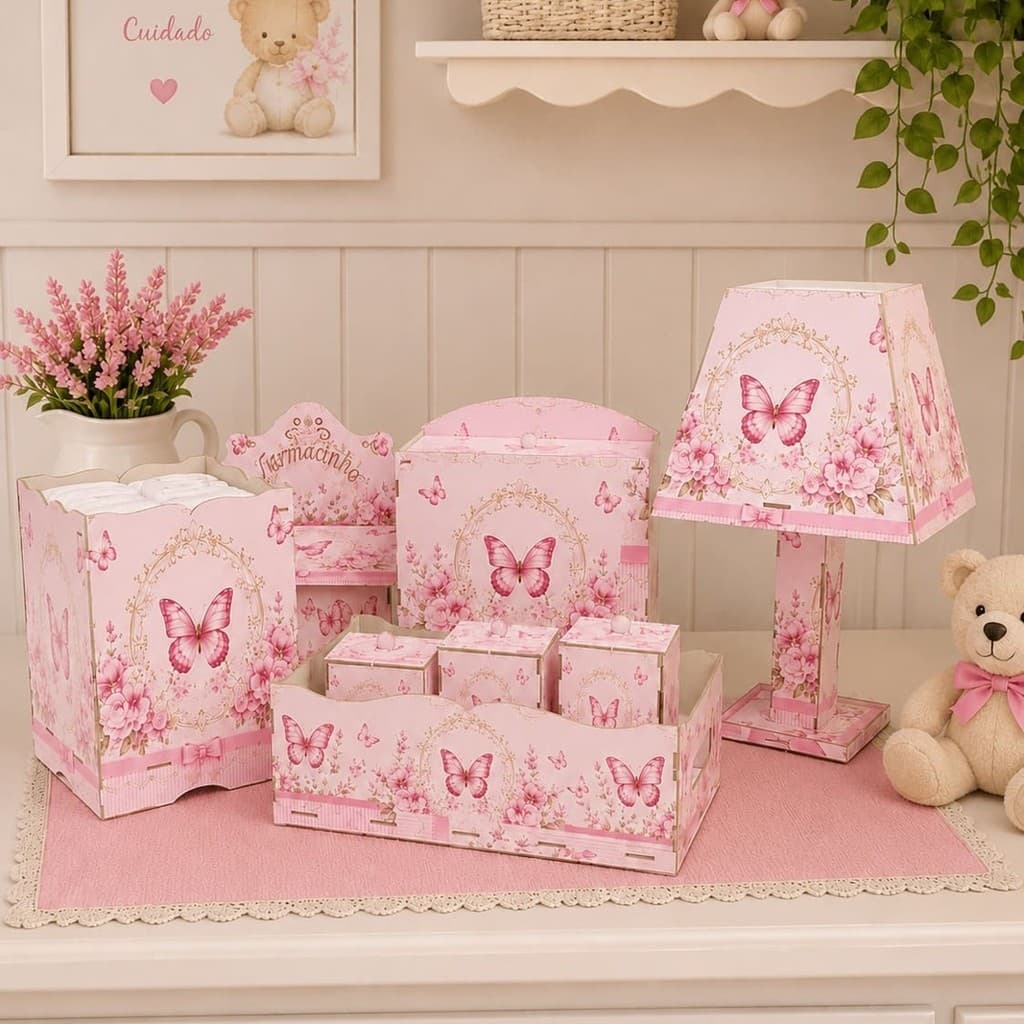 Kit Higiene MDF 8 Peças Jardim Encantado Rosa Para Bebê Menina Decoração Quarto