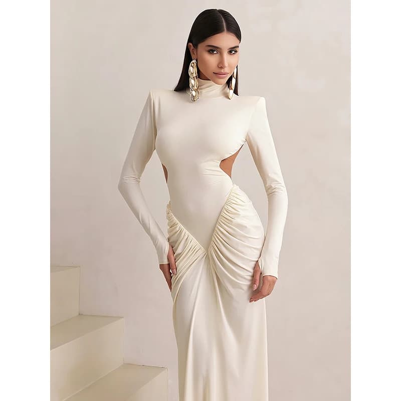 Vestidos Maxi Justos com Franzidos Sisterlinda, Clássicos de Moda Urbana, Manga Comprida, Ombro Reto, Costas Abertas, Ve
